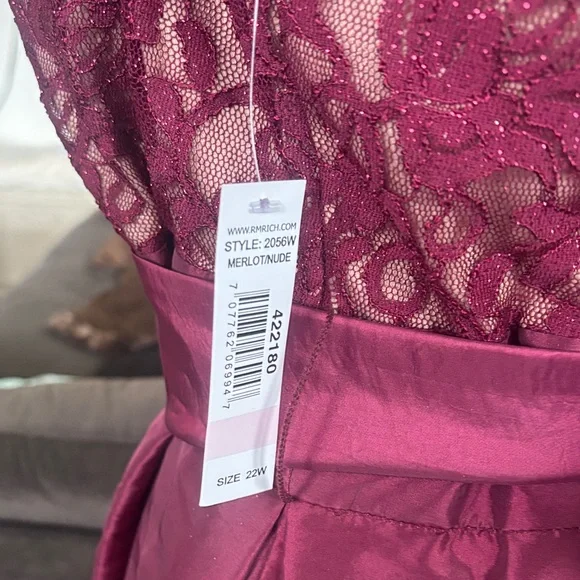 R & M Richards Burgundy Lace Prom Dress - Picture 5 of 9